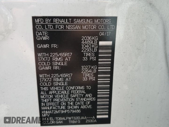 2017 Nissan Rogue S with VIN KNMAT2MT9HP579486, listed as a Copart auction lot 58251125 with 106,862 mi miles and Salvage title. Bid and sale history available at DreamBid. Image 12.
