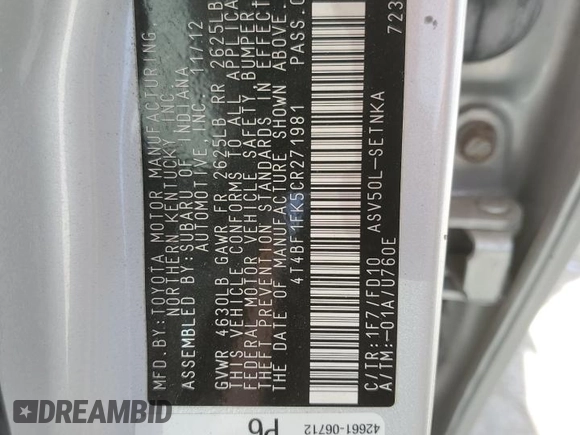 2012 Toyota Camry L with VIN 4T4BF1FK5CR271981, listed as a Copart auction lot 51453515 with 89,258 mi miles and Salvage Title. Bid and sale history available at DreamBid. Image 14.