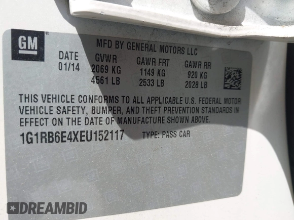 2014 Chevrolet Volt with VIN 1G1RB6E4XEU152117, listed as a IAAI auction lot 42107089 with 130,376 mi miles and . Bid and sale history available at carsss.com. Image 9.