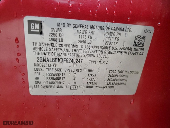 2015 Chevrolet Equinox LT with VIN 2GNALBEK3F6240247, listed as a Copart auction lot 45955675 with 144,421 mi miles and Salvage Title. Bid and sale history available at carsss.com. Image 13.