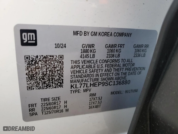 2025 Chevrolet Trax LT with VIN KL77LHEP9SC136880, listed as a Copart auction lot 50460465 with 2,895 mi miles and Salvage Title. Bid and sale history available at carsss.com. Image 15.
