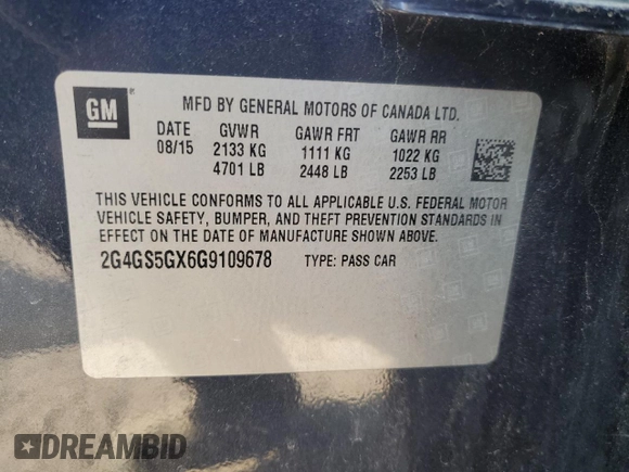 2016 Buick Regal Premium II with VIN 2G4GS5GX6G9109678, listed as a Copart auction lot 54004645 with 70,942 mi miles and Clean title. Bid and sale history available at DreamBid. Image 12.