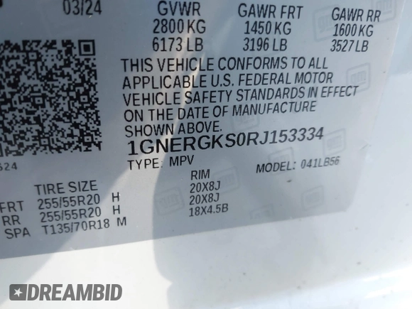 2024 Chevrolet Traverse FWD LT with VIN 1GNERGKS0RJ153334, listed as a IAAI auction lot 41415616 with 8,340 mi miles and . Bid and sale history available at DreamBid. Image 9.