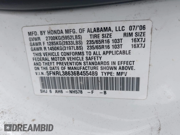 2006 Honda Odyssey EX-L with VIN 5FNRL38636B455489, listed as a IAAI auction lot 42068929 with 289,673 mi miles. Bid and sale history available at carsss.com. Image 9.