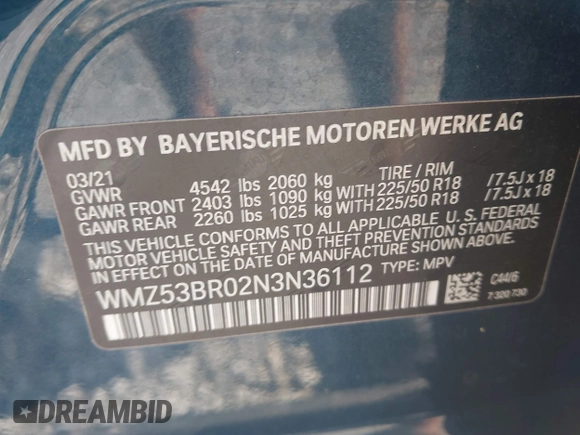 2022 MINI Countryman Cooper S with VIN WMZ53BR02N3N36112, listed as a IAAI auction lot 42561840 with 60,479 mi miles and . Bid and sale history available at DreamBid. Image 9.