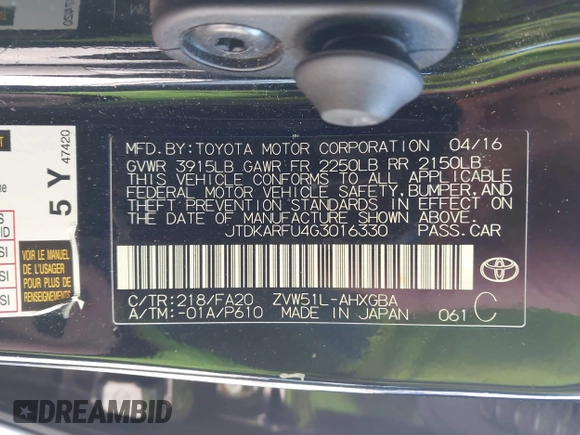 2016 Toyota Prius Four with VIN JTDKARFU4G3016330, listed as a IAAI auction lot 41661639 with 92,311 mi miles. Bid and sale history available at carsss.com. Image 9.