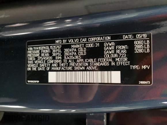 2020 Volvo XC90 Momentum with VIN YV4102PK0L1535767, listed as a Copart auction lot 41462935 with 77,608 mi miles and Salvage Title. Bid and sale history available at carsss.com. Image 15.
