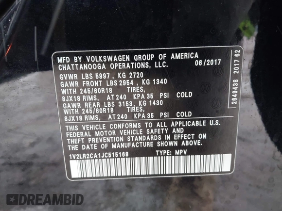 2018 Volkswagen Atlas SE z VIN 1V2LR2CA1JC515168, wystawiony jako IAAI lot #42024499 z przebiegiem 112 558 mil mil oraz . Historia ofert i sprzedaży dostępna na DreamBid. Obrazek 9.