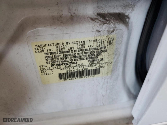 2011 Nissan Sentra 2.0 SR with VIN 3N1AB6APXBL703143, listed as a Copart auction lot 53703505 with 73,419 mi miles and Salvage Title. Bid and sale history available at carsss.com. Image 12.