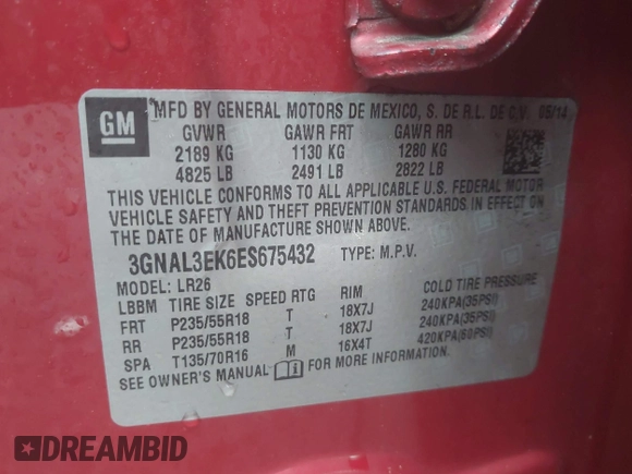 2014 Chevrolet Captiva Sport LT with VIN 3GNAL3EK6ES675432, listed as a IAAI auction lot 42205650 with 89,305 mi miles and . Bid and sale history available at DreamBid. Image 9.