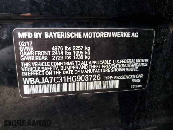 2017 BMW 5 Series 530i xDrive with VIN WBAJA7C31HG903726, listed as a Copart auction lot 51348285 with 180,415 mi miles and Clean Title. Bid and sale history available at carsss.com. Image 12.