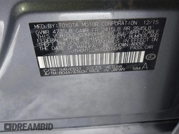 2016 Lexus IS 300/350 with VIN JTHCM1D28G5007499, listed as a IAAI auction lot 41395094 with 119,378 mi miles and . Bid and sale history available at DreamBid. Image 9.