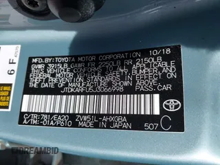 2018 Toyota Prius Two with VIN JTDKARFU5J3066998, listed as a IAAI auction lot 41405382 with 92,377 mi miles. Bid and sale history available at carsss.com. Image 9.