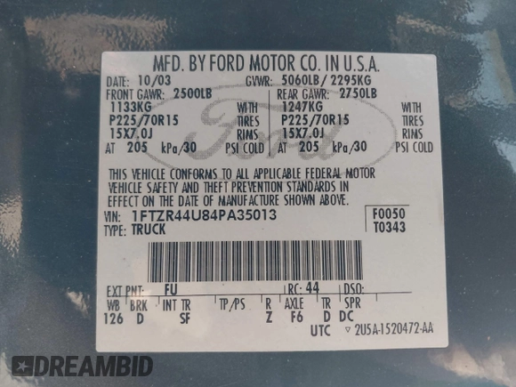 2004 Ford Ranger XL Fleet with VIN 1FTZR44U84PA35013, listed as a IAAI auction lot 42728616 with 154,385 mi miles and . Bid and sale history available at DreamBid. Image 9.