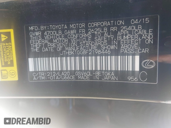 2015 Lexus ES 330 with VIN JTHBK1GG8F2198446, listed as a IAAI auction lot 42503888 with 118,476 mi miles and . Bid and sale history available at DreamBid. Image 9.