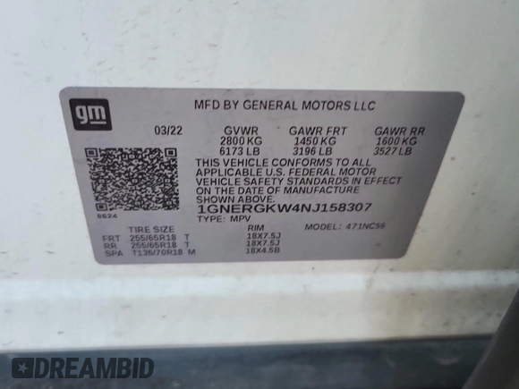 2022 Chevrolet Traverse LT Cloth with VIN 1GNERGKW4NJ158307, listed as a IAAI auction lot 42708260 with 60,990 mi miles and . Bid and sale history available at DreamBid. Image 49.