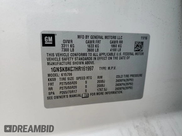 2017 Chevrolet Tahoe LT with VIN 1GNSKBKC7HR161997, listed as a Copart auction lot 44857395 with 142,345 mi miles and Salvage Title. Bid and sale history available at DreamBid. Image 15.