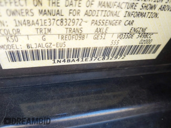2007 Nissan Maxima SE with VIN 1N4BA41E37C832972, listed as a IAAI auction lot 42739254 with 128,163 mi miles and . Bid and sale history available at DreamBid. Image 9.