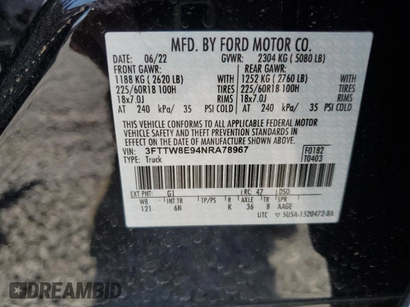 2022 Ford Maverick XL z VIN 3FTTW8E94NRA78967, wystawiony jako Copart lot #54984995 z przebiegiem 20 813 mil mil oraz Szkoda całkowita • Salvage title. Historia ofert i sprzedaży dostępna na DreamBid. Obrazek 12.