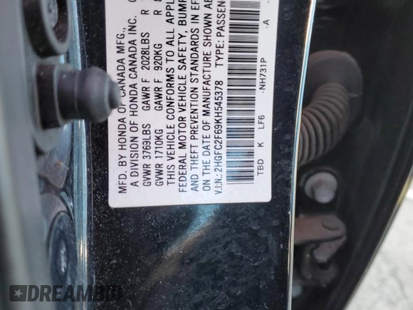 2019 Honda Civic LX with VIN 2HGFC2F69KH545378, listed as a Copart auction lot 47031865 with 66,498 mi miles and Salvage Title. Bid and sale history available at DreamBid. Image 13.