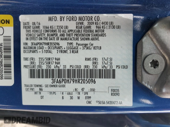 2017 Ford Fusion SE with VIN 3FA6P0H79HR205096, listed as a Copart auction lot 56096615 with 160,359 mi miles and Salvage title. Bid and sale history available at DreamBid. Image 12.
