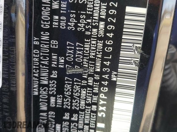 2020 Kia Sorento LX with VIN 5XYPG4A34LG649292, listed as a Copart auction lot 49782565 with 102,570 mi miles and Salvage Title. Bid and sale history available at DreamBid. Image 13.
