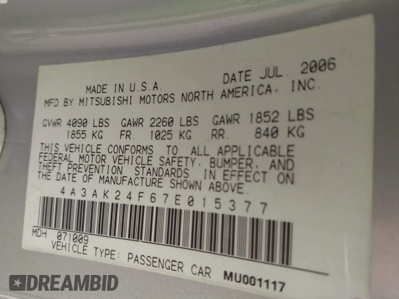 2007 Mitsubishi Eclipse GS with VIN 4A3AK24F67E015377, listed as a IAAI auction lot 41945440 with 121,295 mi miles. Bid and sale history available at carsss.com. Image 9.