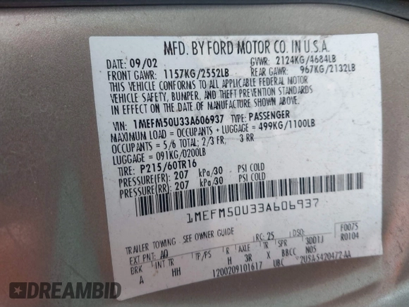 2003 Mercury Sable GS z VIN 1MEFM50U33A606937, wystawiony jako IAAI lot #41058899 z przebiegiem 138 479 mil mil oraz . Historia ofert i sprzedaży dostępna na DreamBid. Obrazek 9.