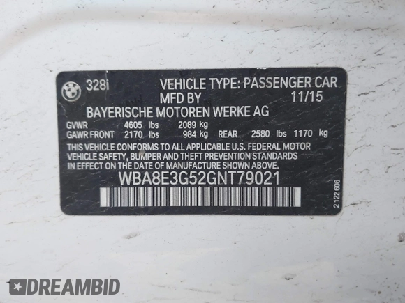 2016 BMW 3 Series 328i xDrive with VIN WBA8E3G52GNT79021, listed as a IAAI auction lot 41768482 with 90,243 mi miles. Bid and sale history available at carsss.com. Image 9.