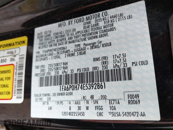 2014 Ford Fusion SE with VIN 1FA6P0H74E5392861, listed as a IAAI auction lot 42133099 with 130,373 mi miles. Bid and sale history available at carsss.com. Image 9.