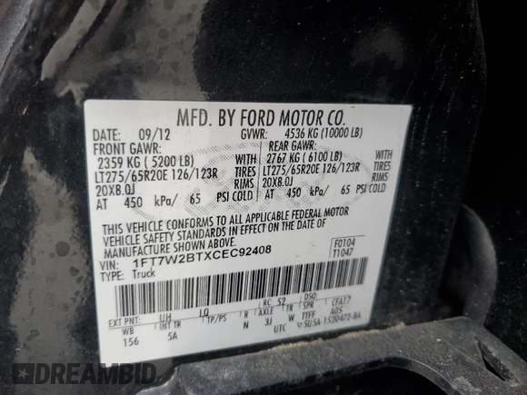 2012 Ford F-250 XL with VIN 1FT7W2BTXCEC92408, listed as a Copart auction lot 49335635 with 218,785 mi miles and Salvage Title. Bid and sale history available at DreamBid. Image 12.