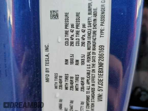 2022 Tesla Model 3 Long Range z VIN 5YJ3E1EBXNF286169, wystawiony jako Copart lot #59639655 z przebiegiem 138 673 mil mil oraz Czysty tytuł • Clean title. Historia ofert i sprzedaży dostępna na DreamBid. Obrazek 14.