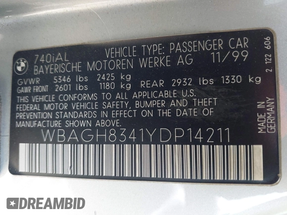 2000 BMW 7 Series 740iL with VIN WBAGH8341YDP14211, listed as a IAAI auction lot 42671152 with 247,472 mi miles and . Bid and sale history available at DreamBid. Image 9.