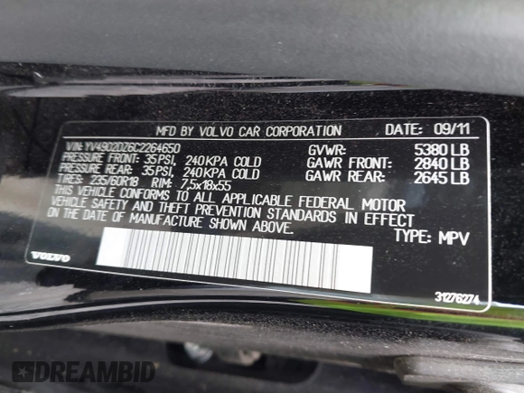 2012 Volvo XC60 3.0L with VIN YV4902DZ6C2264650, listed as a IAAI auction lot 42540243 with 144,076 mi miles and . Bid and sale history available at DreamBid. Image 9.