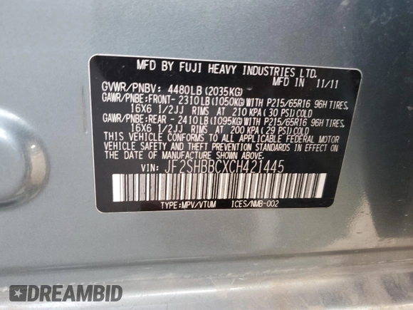 2012 Subaru Forester X with VIN JF2SHBBCXCH421445, listed as a Copart auction lot 49855505 with 120,484 mi miles and Salvage Title. Bid and sale history available at DreamBid. Image 14.