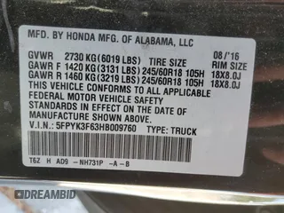 2017 Honda Ridgeline RTL-T z VIN 5FPYK3F63HB009760, wystawiony jako Copart lot #57473615 z przebiegiem 78 203 mil mil oraz Szkoda całkowita • Salvage title. Historia ofert i sprzedaży dostępna na DreamBid. Obrazek 12.