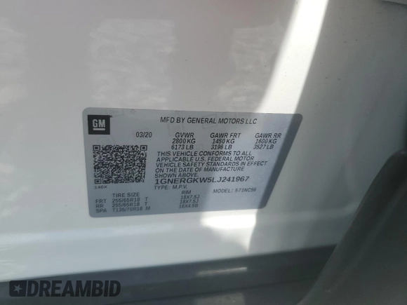2020 Chevrolet Traverse LT Cloth with VIN 1GNERGKW5LJ241967, listed as a Copart auction lot 61147445 with 86,666 mi miles and Non repairable. Bid and sale history available at DreamBid. Image 14.