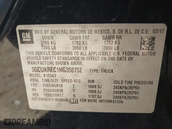2017 Chevrolet Silverado 1500 LT with VIN 3GCUKREC1HG358752, listed as a IAAI auction lot 41775110 with 150,528 mi miles and . Bid and sale history available at DreamBid. Image 9.