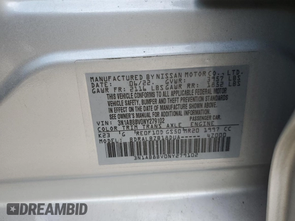 2022 Nissan Sentra S with VIN 3N1AB8BV0NY279102, listed as a Copart auction lot 79429234 with 34,953 mi miles and Salvage Title. Bid and sale history available at carsss.com. Image 12.