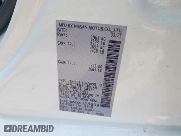 2025 Nissan Altima SV z VIN 1N4BL4DVXSN378609, wystawiony jako IAAI lot #42318744 z przebiegiem 4 751 mil mil oraz . Historia ofert i sprzedaży dostępna na DreamBid. Obrazek 9.