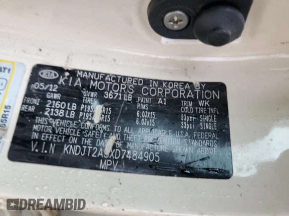 2013 Kia Soul with VIN KNDJT2A5XD7484905, listed as a Copart auction lot 54250855 with 184,350 mi miles and Salvage Title. Bid and sale history available at DreamBid. Image 14.