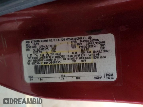 2000 Nissan Quest GXE z VIN 4N2XN11T8YD808855, wystawiony jako Copart lot #41888525 z przebiegiem 185 877 mil mil oraz Szkoda całkowita • Salvage title. Historia ofert i sprzedaży dostępna na DreamBid. Obrazek 13.