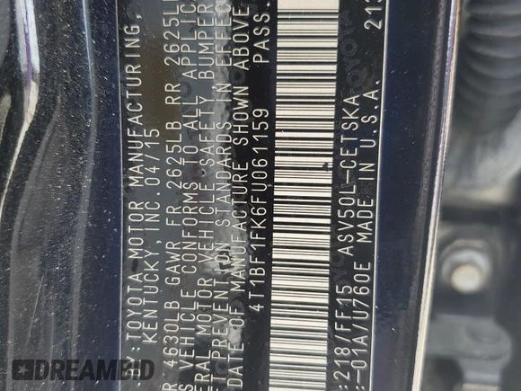 2015 Toyota Camry XLE with VIN 4T1BF1FK6FU061159, listed as a Copart auction lot 51870175 with 184,703 mi miles and Salvage Title. Bid and sale history available at DreamBid. Image 13.