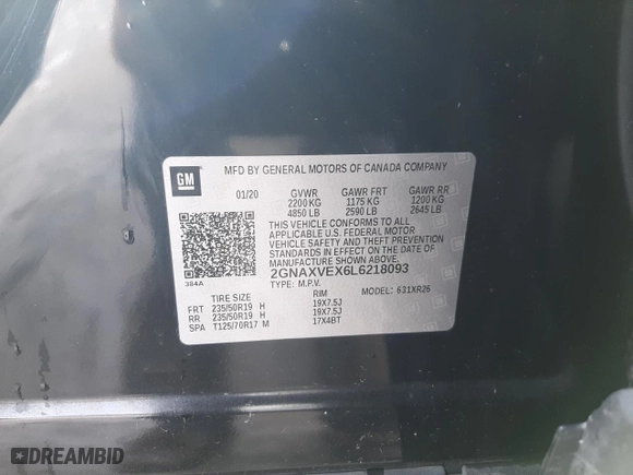 2020 Chevrolet Equinox LT with VIN 2GNAXVEX6L6218093, listed as a Copart auction lot 45408515 with 80,147 mi miles and Salvage Title. Bid and sale history available at carsss.com. Image 14.