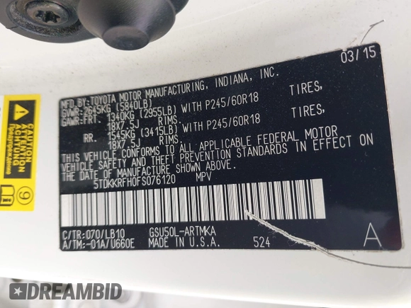 2015 Toyota Highlander XLE z VIN 5TDKKRFH0FS076120, wystawiony jako IAAI lot #42131646 z przebiegiem 117 623 mil mil oraz . Historia ofert i sprzedaży dostępna na DreamBid. Obrazek 9.