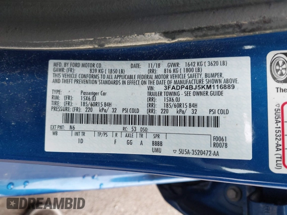 2019 Ford Fiesta SE with VIN 3FADP4BJ5KM116889, listed as a IAAI auction lot 41962192 with 15,682 mi miles. Bid and sale history available at carsss.com. Image 9.