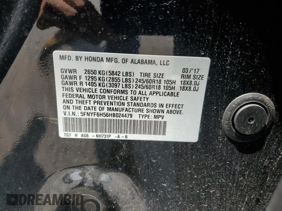 2017 Honda Pilot EX-L with VIN 5FNYF6H56HB024479, listed as a Copart auction lot 65027014 with 88,122 mi miles and Salvage Title. Bid and sale history available at DreamBid. Image 16.