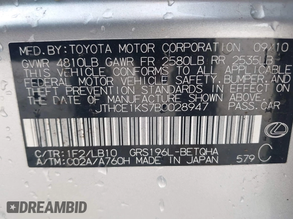 2011 Lexus GS 350 with VIN JTHCE1KS7B0028947, listed as a IAAI auction lot 41844606 with 176,509 mi miles. Bid and sale history available at carsss.com. Image 9.