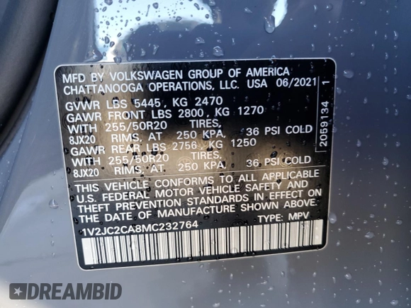 2021 Volkswagen Atlas SE with VIN 1V2JC2CA8MC232764, listed as a Copart auction lot 85885294 with 76,563 mi miles and Clean title. Bid and sale history available at DreamBid. Image 14.