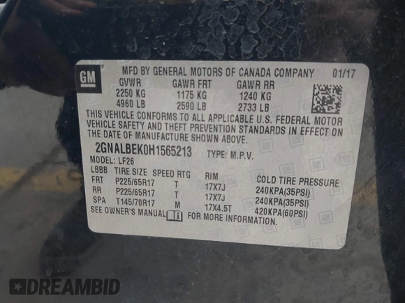 2017 Chevrolet Equinox LS z VIN 2GNALBEK0H1565213, wystawiony jako IAAI lot #40280303 z przebiegiem 55 543 mil mil oraz . Historia ofert i sprzedaży dostępna na DreamBid. Obrazek 9.
